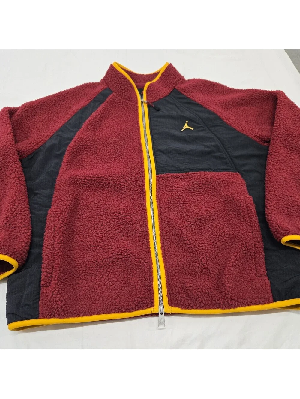 Men's LARGE Nike Air Jordan Full-Zip Black/Burgundy/Orange Sherpa Fleece Jacket